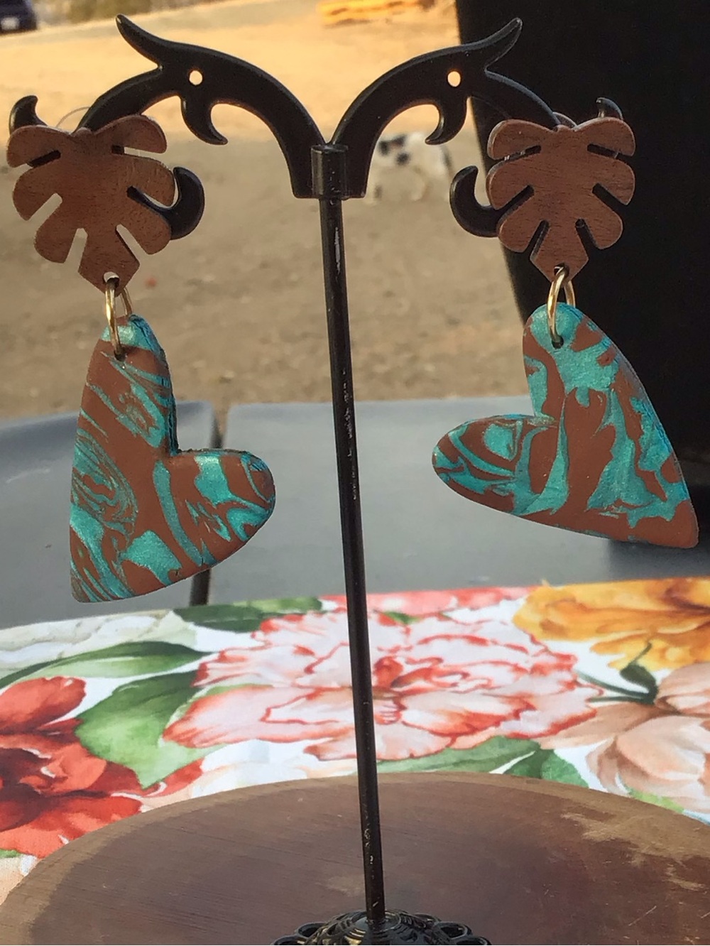Handmade Polymer Clay Turquoise and Copper Colored Heart Earrings